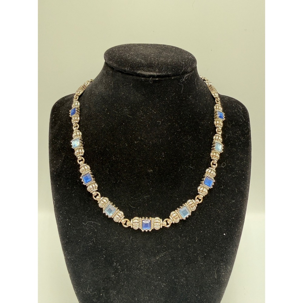 Vintage Silver Tone Blue Aqua Square Crystal Ornate Link Collar Necklace 18"